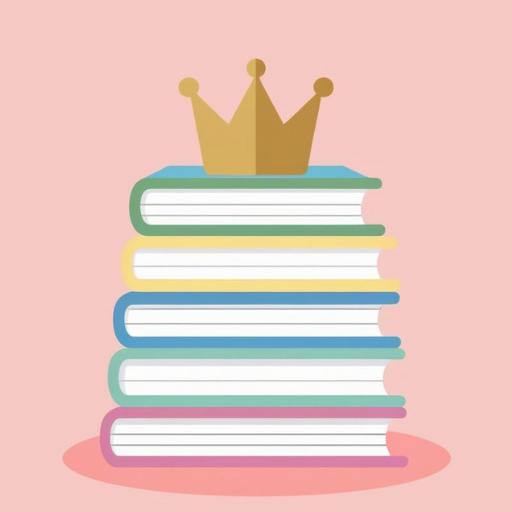 Stack of books with a gold crown on top symbolizing knowledge, reading, and The Savvy Librarian brand